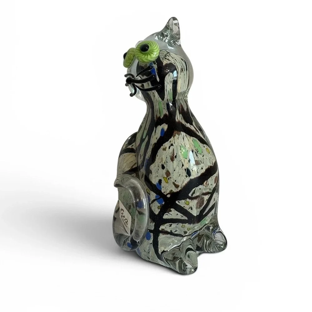 GCA Art Glass Cat Figurine Multicolor Confetti Swirl Green Eyes 6.5